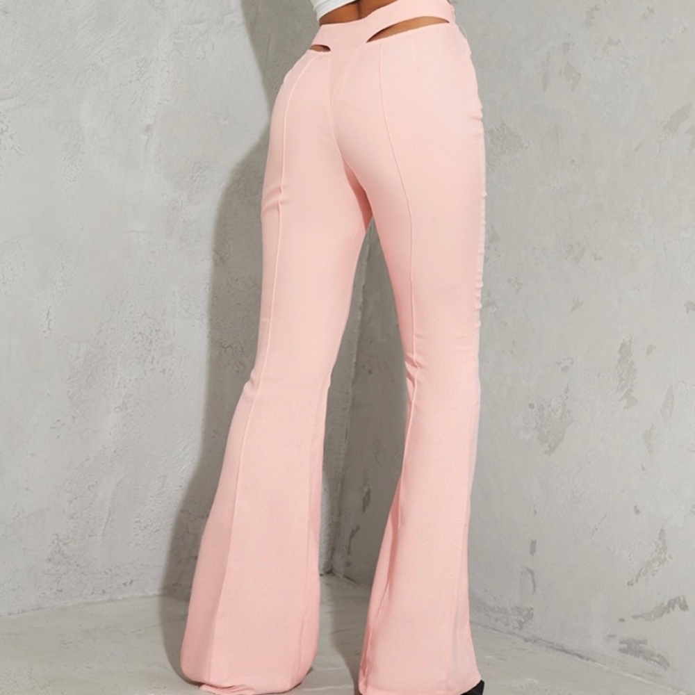 Pale Pink Woven Cut Out Detail Pintuck Flared Pant